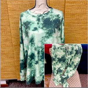 Green tie dyed outfit.